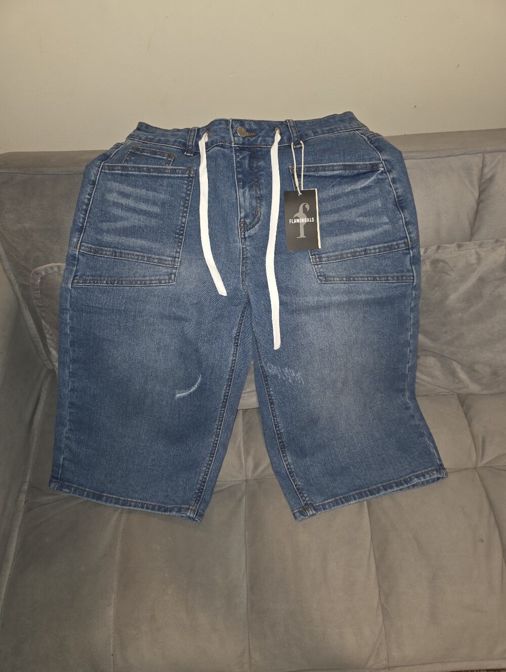 Flamingals Women's Blue Denim Shorts with Drawstring Waist, Size Large